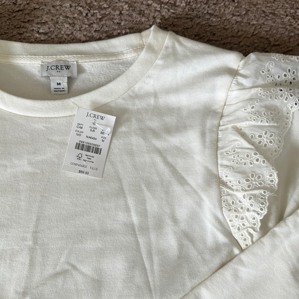 NWT J Crew Bubble Sleeves with Lace Ruffle Cream Crewneck